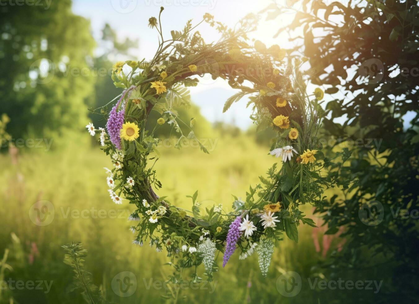 AI generated Rustic wildflowers wreath on a sunny meadow. Summer Solstice Day, Midsummer concept. Generative AI photo