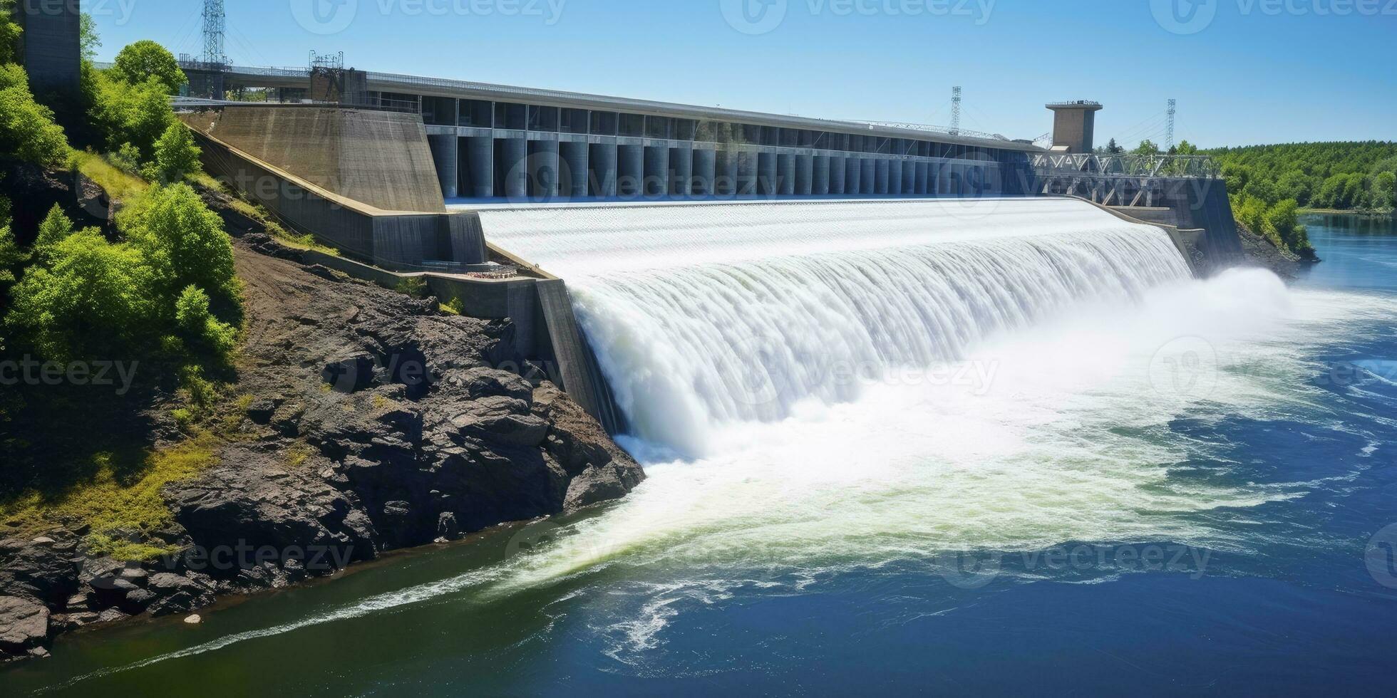 ai generado hidroeléctrico represa generando verde energía desde fluido agua. ai generado. foto