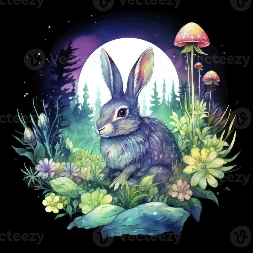 AI generated Watercolor Rabbit and Glowing Moon for T-shirt Design. AI Generated photo