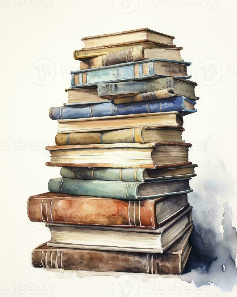 AI generated Watercolor pile of books isolated on white background. AI Generated photo