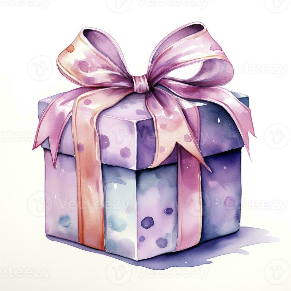 AI generated Watercolor birthday present with bow isolated on white background.  AI Generated photo