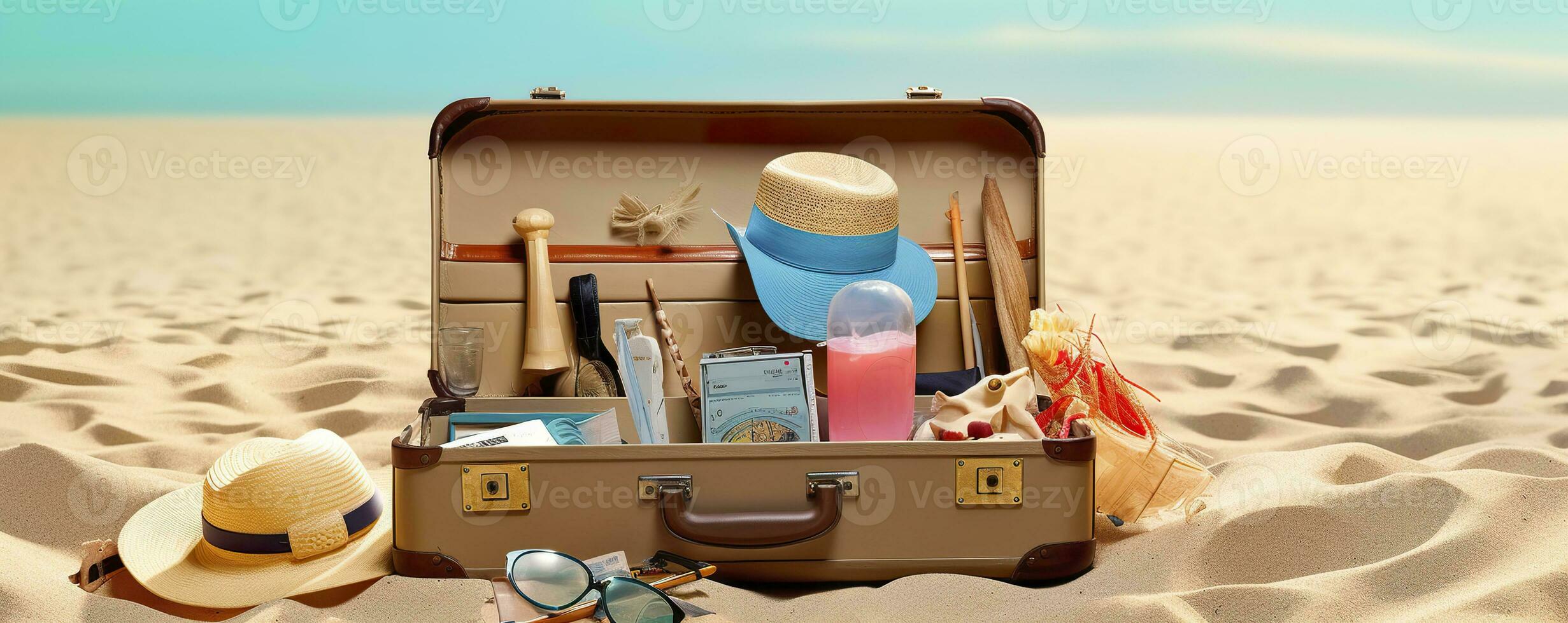 AI generated Beach Preparation, Accessories In Suitcase On Sand. Generative AI photo