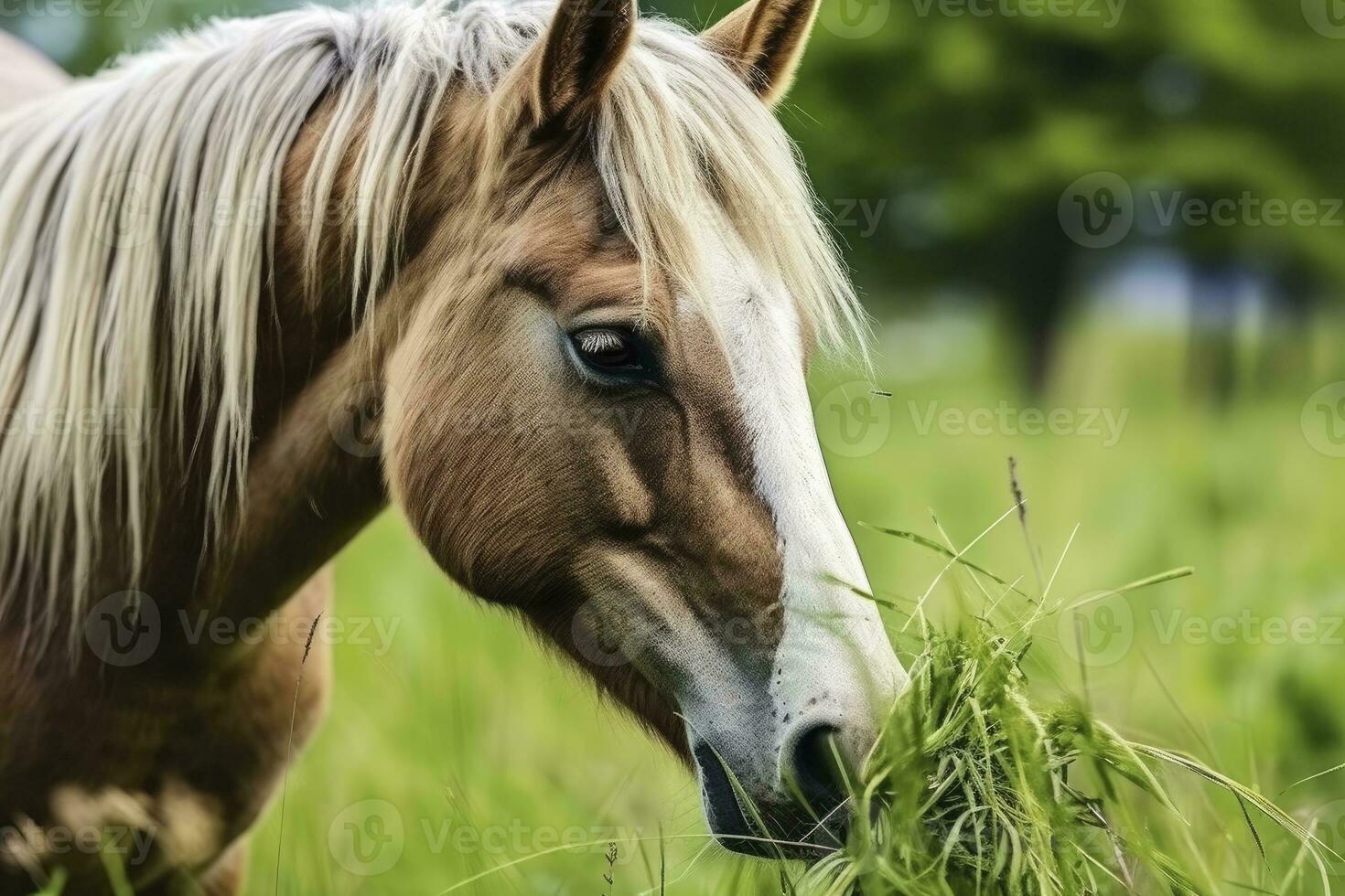 ai generado marrón caballo con rubio pelo come césped en un verde prado detalle desde el cabeza. ai generado foto