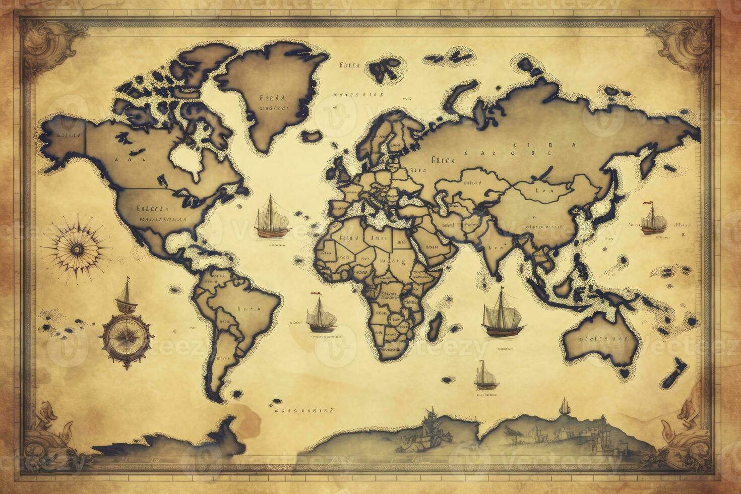 AI generated Great detailed illustration of the world map in vintage style. AI Generated photo