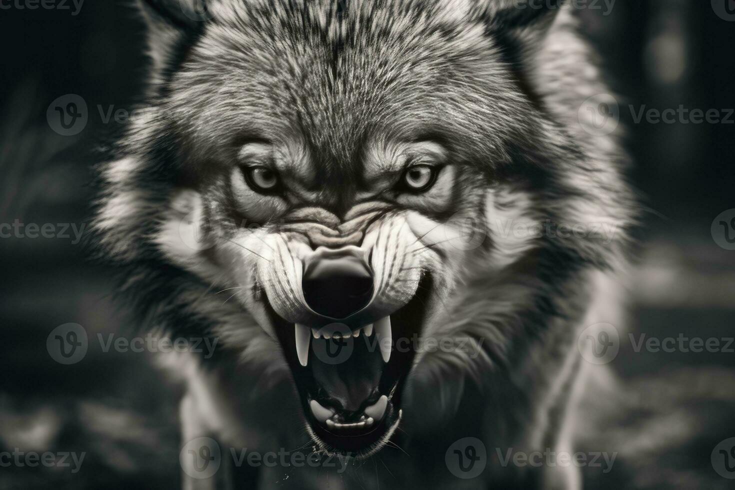 AI generated Greyscale closeup shot of an angry wolf with a blurred background. AI Generated photo