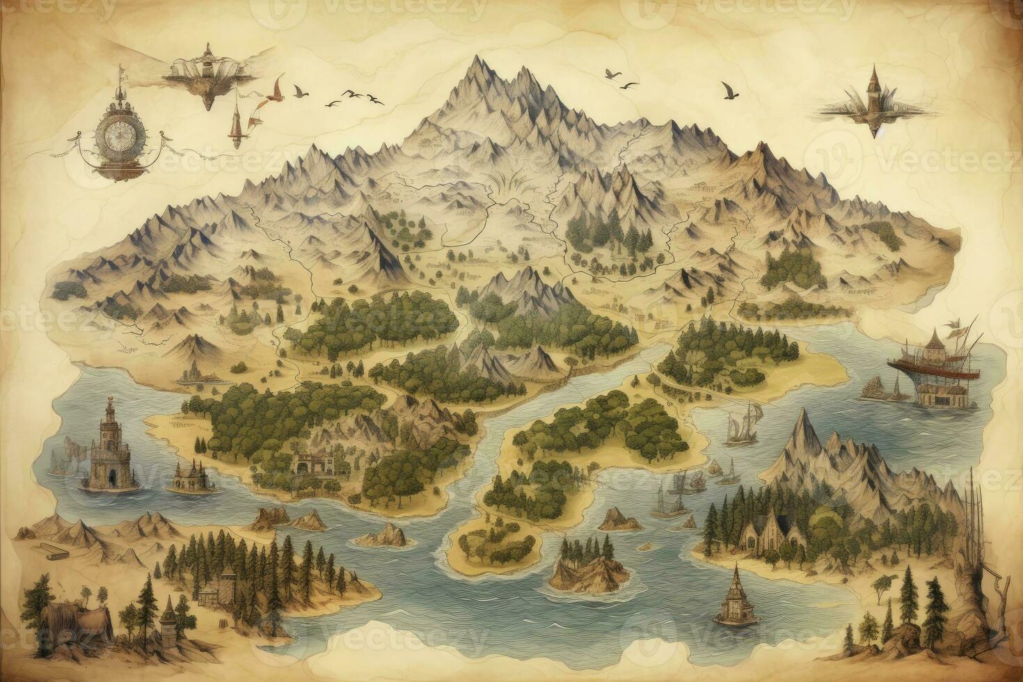 AI generated Great detailed illustration of the world map in vintage style. AI Generated photo