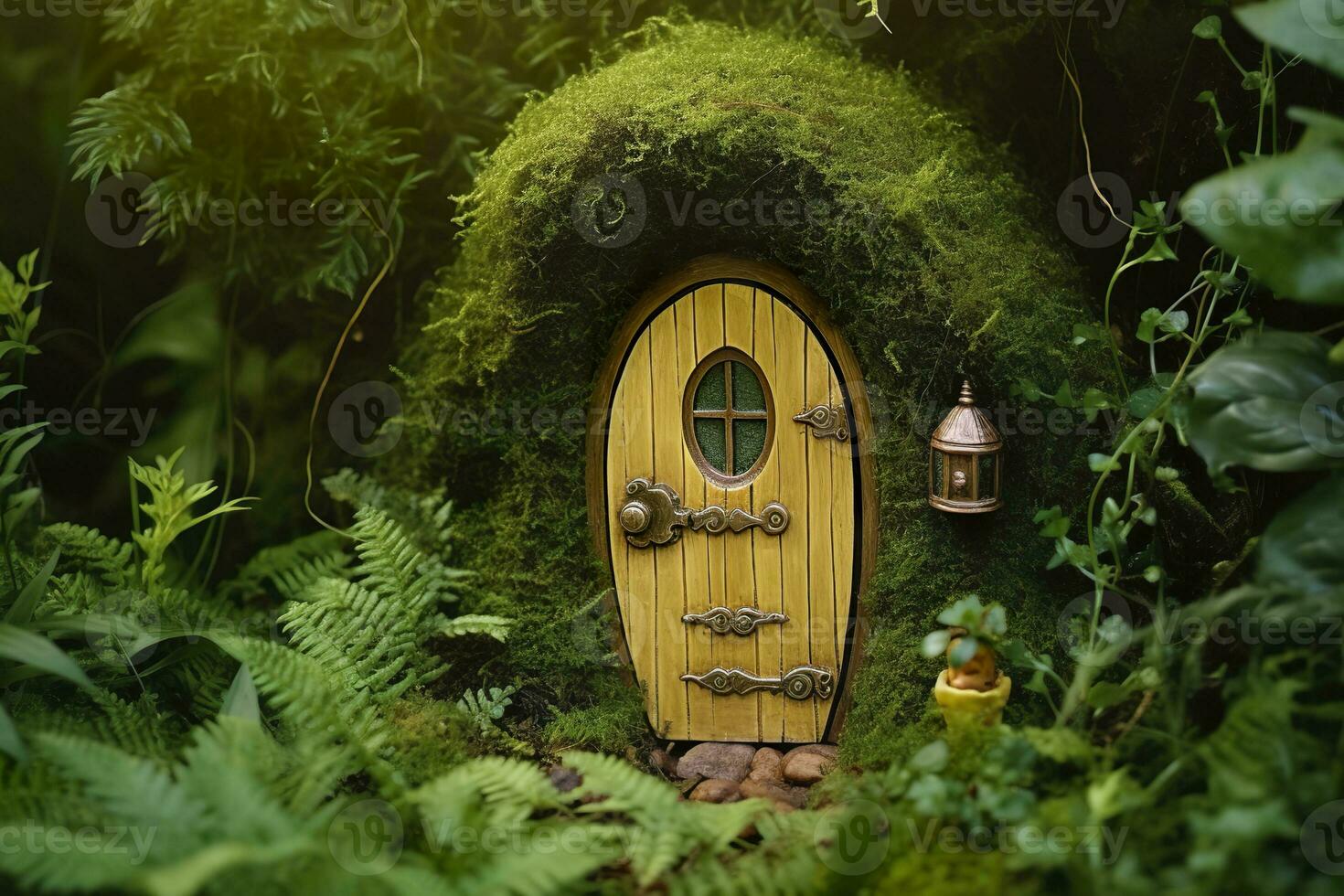 AI generated Little magic wooden fairy doors and plants leave on a mossy natural green background. AI Generated photo