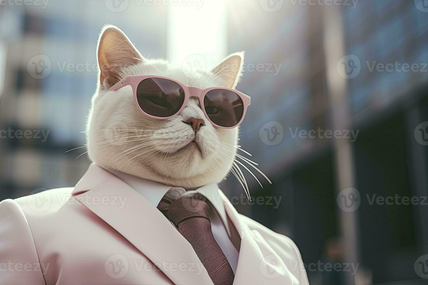 AI generated A cat is wearing sunglasses, suit and standing on street. AI Generated photo