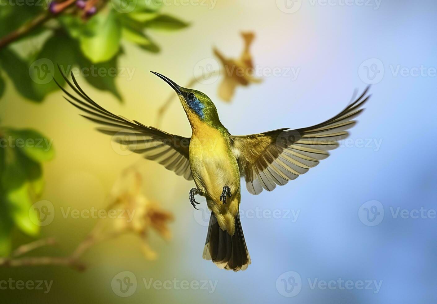 AI generated Olive backed sunbird, Yellow bellied sunbird flying in the bright sky. Generative AI photo