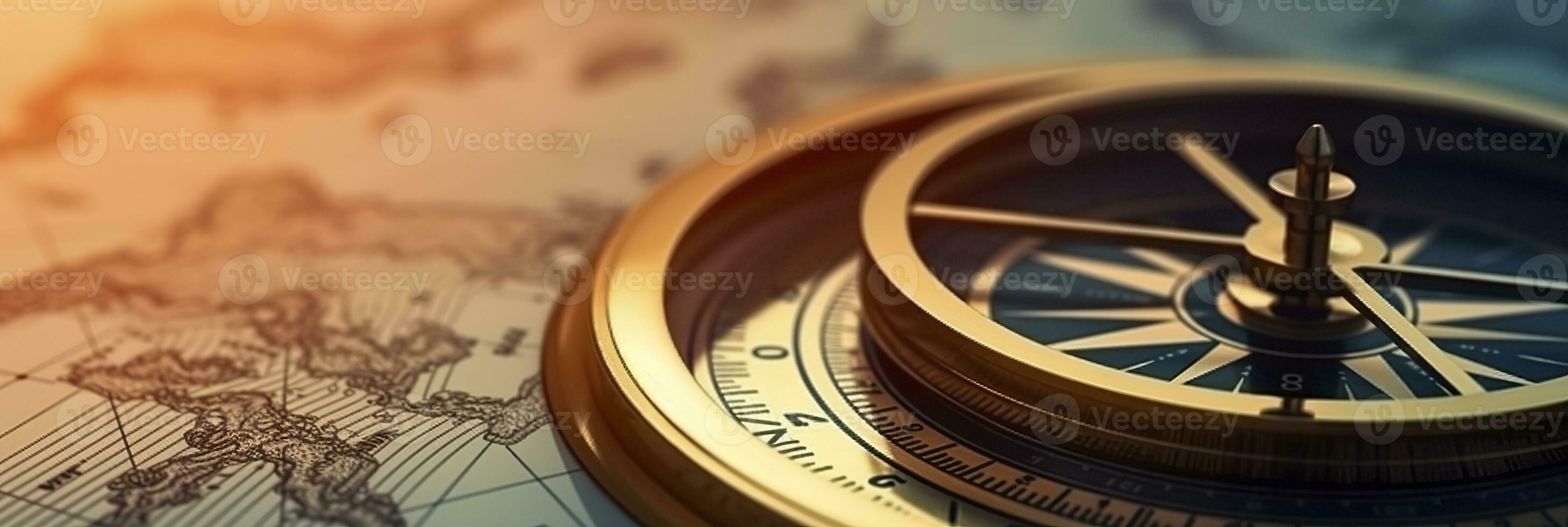 AI generated Magnetic compass and location marking with a pin on routes on world map. AI Generated photo