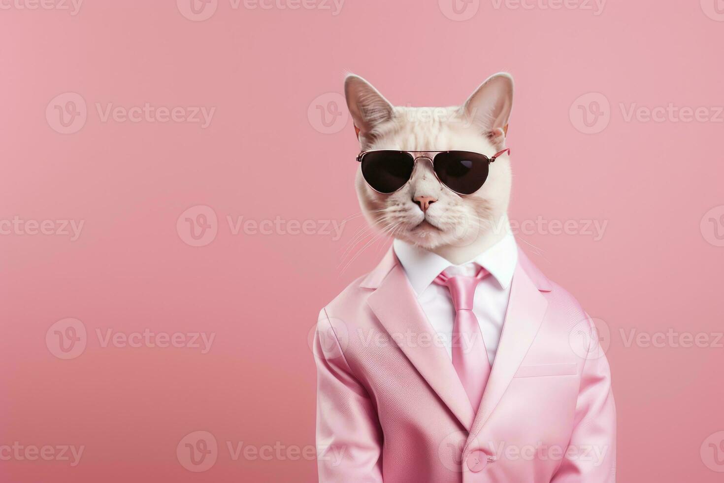 AI generated A cat is wearing sunglasses and suit on Pink Background. AI Generated photo