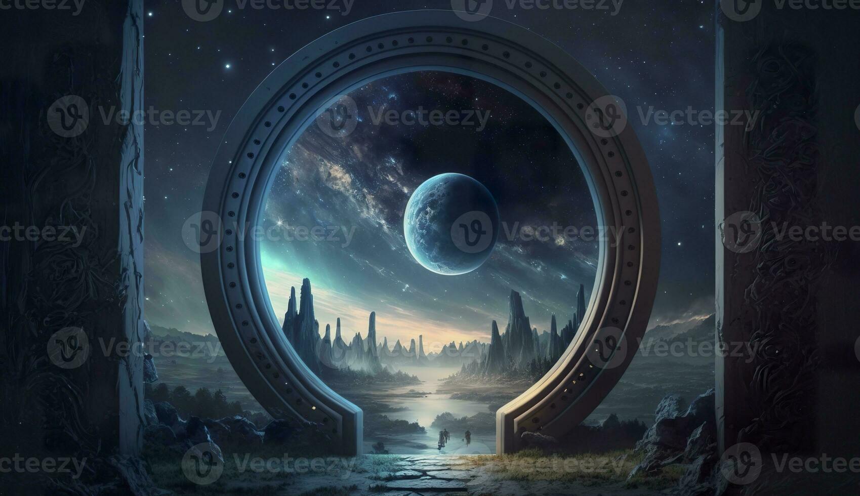 AI generated Portal to another world. Futuristic cosmic landscape with circle tunnel in starry sky. Generative AI photo