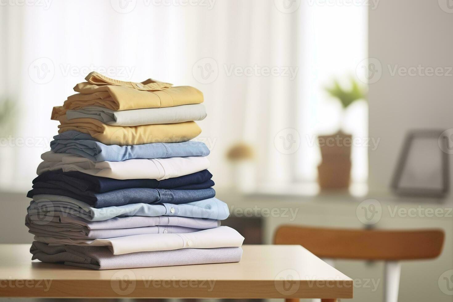 AI generated Stack of clean clothes on table in room. Generative AI photo