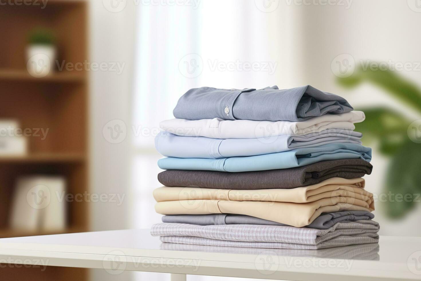 AI generated Stack of clean clothes on table in room. Generative AI photo
