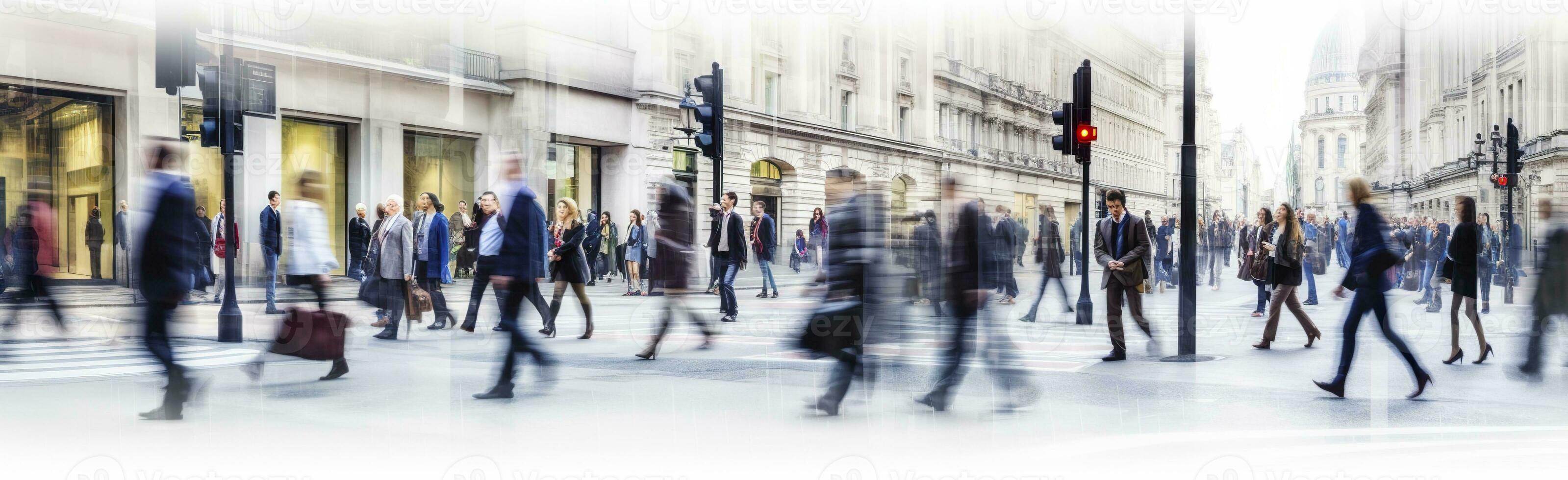 AI generated Walking people blur. Lots of people walk in the City of London. Wide panoramic view of people crossing the road. AI Generated photo