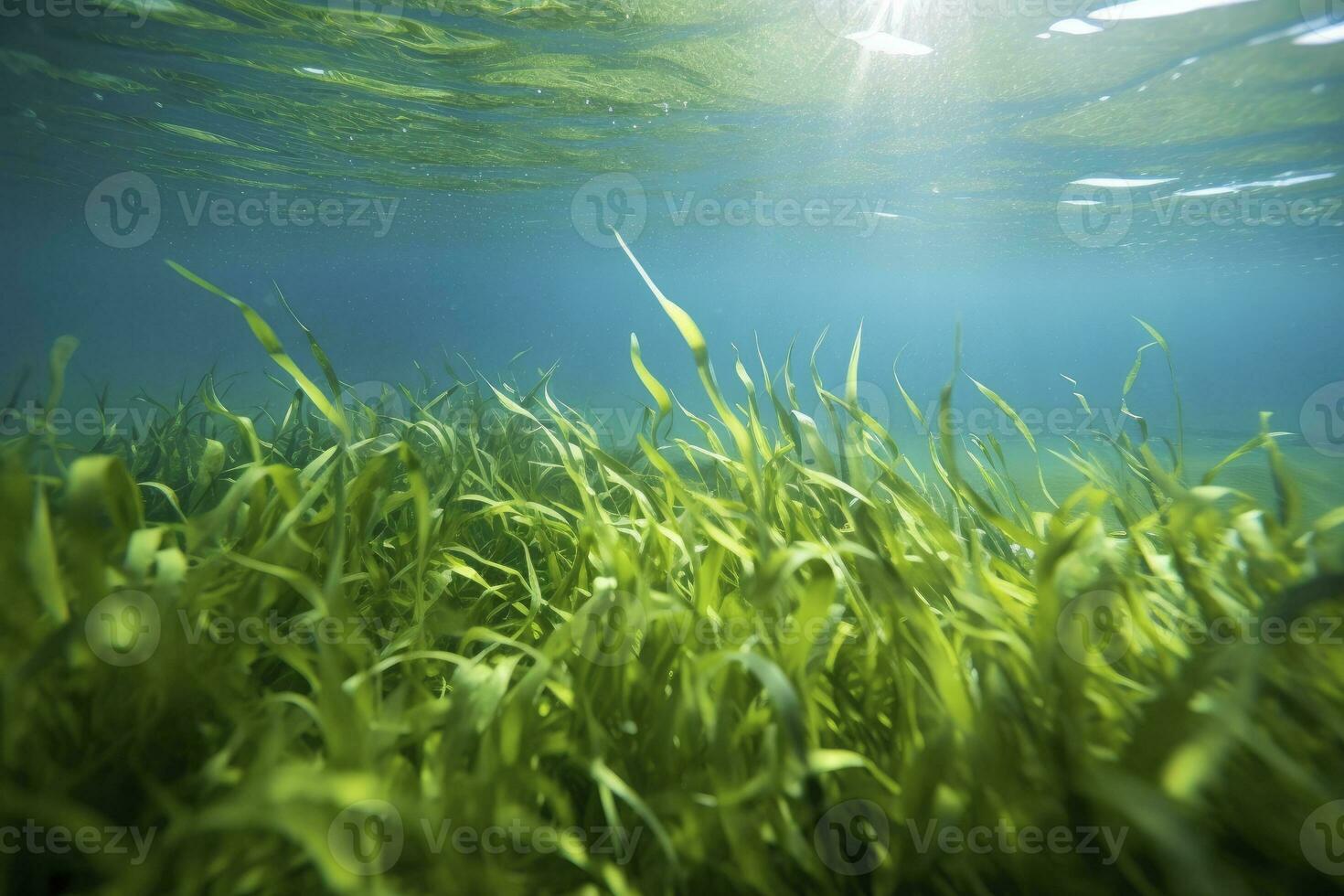 AI generated Underwater view of a group of seabed with green seagrass. AI Generated photo