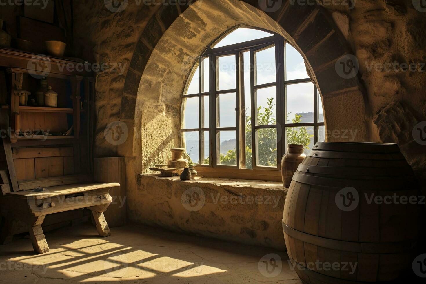 AI generated Barrel in an ancient castle beside the window. AI Generated photo