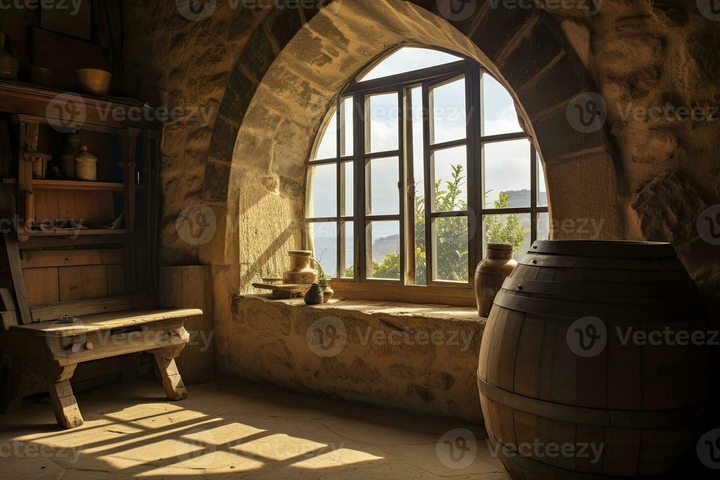 ai generado barril en un antiguo castillo junto a el ventana. ai generado foto