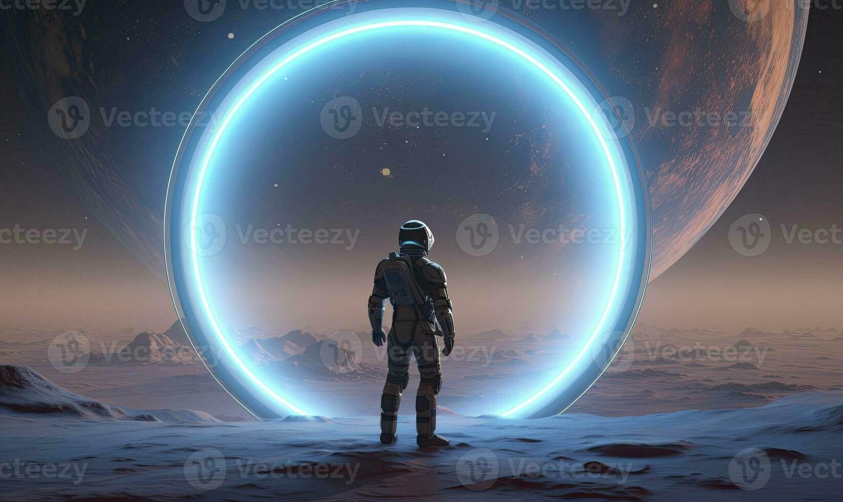 AI generated Astronaut in front of dimensional portal.  AI Generated. photo