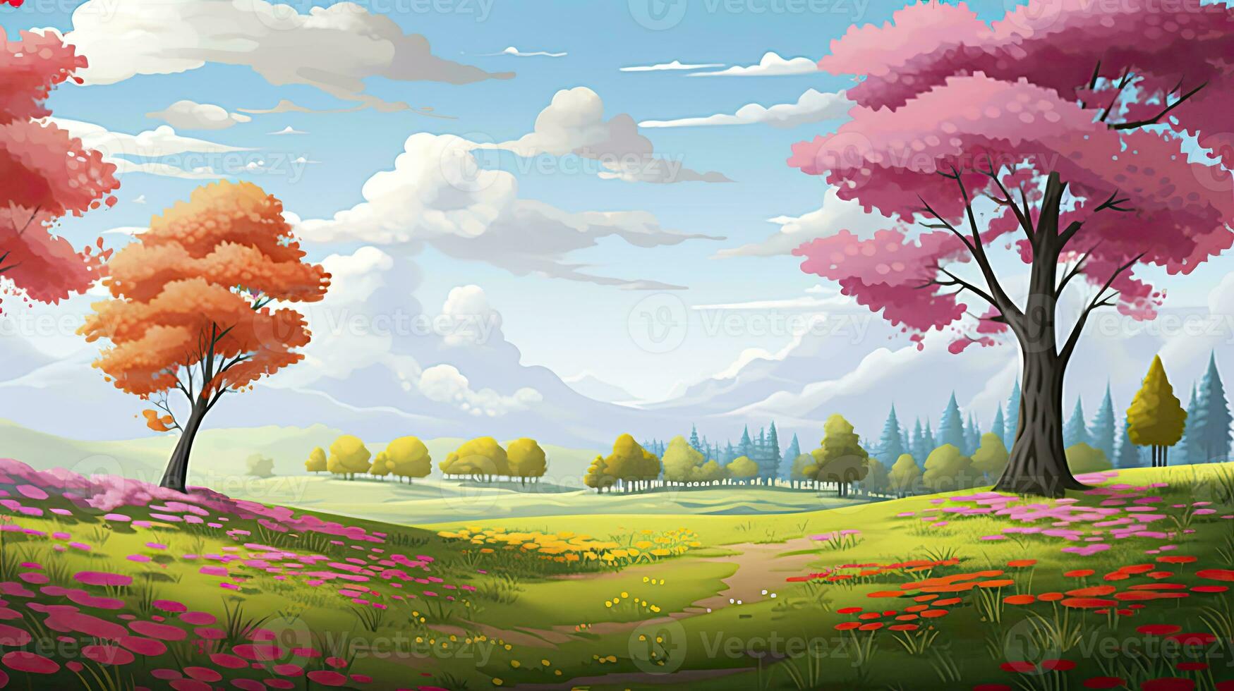 AI generated Spring season with colorful flowers and trees in a pretty meadow or field. AI Generated. photo