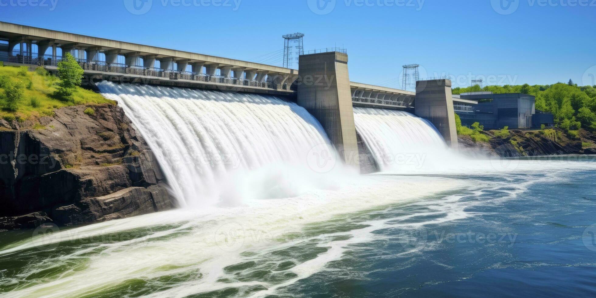 ai generado hidroeléctrico represa generando verde energía desde fluido agua. ai generado. foto