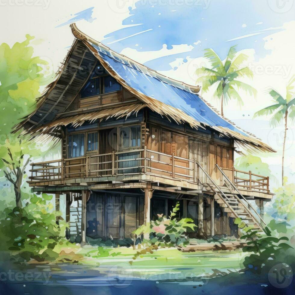 AI generated A watercolored bright serene image of a traditional bahay kubo. AI Generated photo