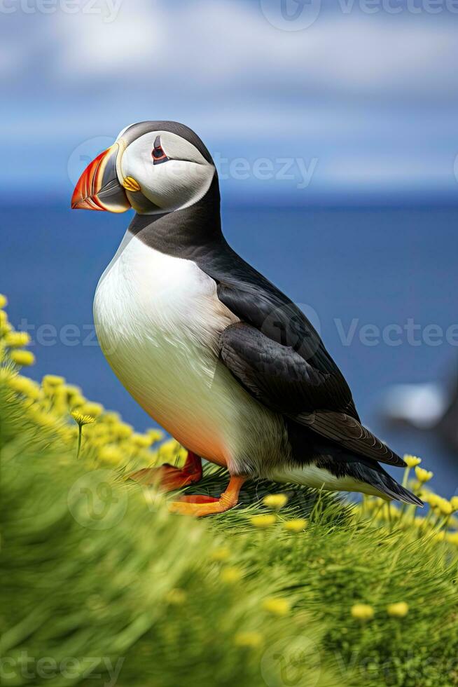 AI generated Puffin bird on a green grass patch. AI Generated photo