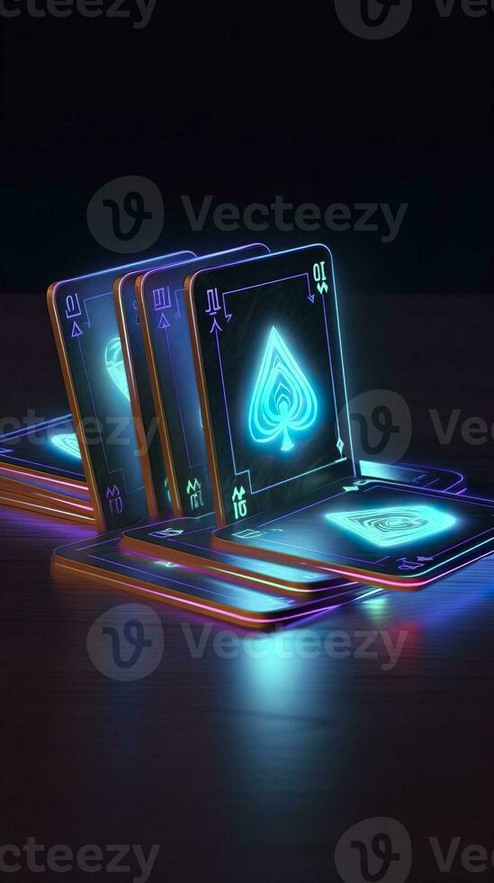 AI generated Some playing cards with glowing neon designs on a tablet. Generative AI photo