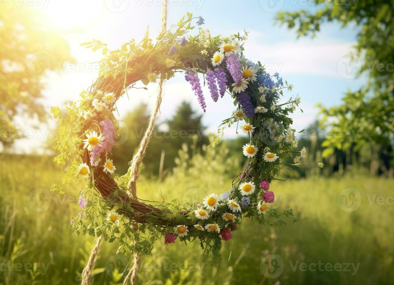 AI generated Rustic wildflowers wreath on a sunny meadow. Summer Solstice Day, Midsummer concept. Generative AI photo