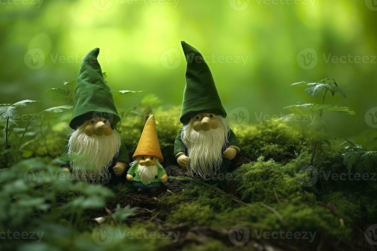 AI generated Toy Irish gnomes in a mystery forest, abstract green natural background. Generative AI photo