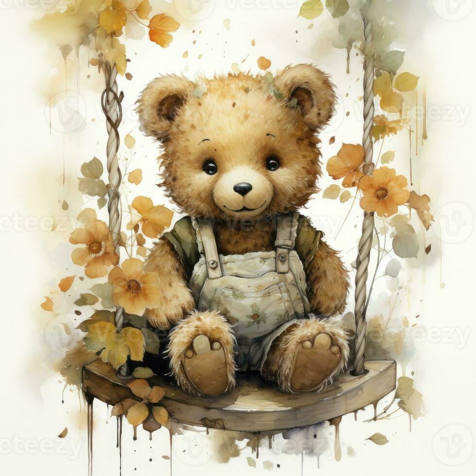 AI generated A cute happy teddy bear swings on a tree on a white background. AI Generated photo