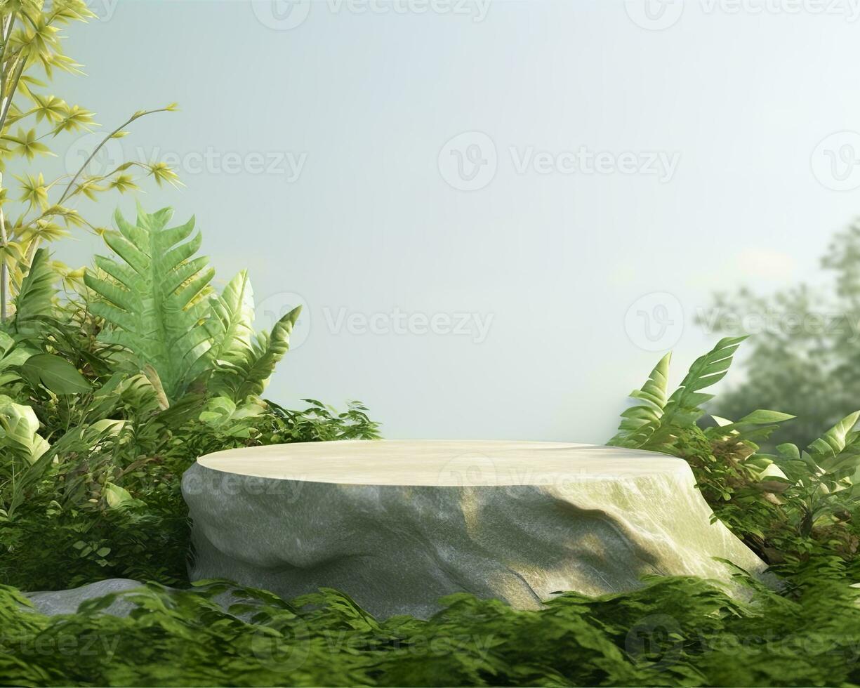 AI generated Stone product display podium for cosmetic product with green nature garden background. Generative AI photo