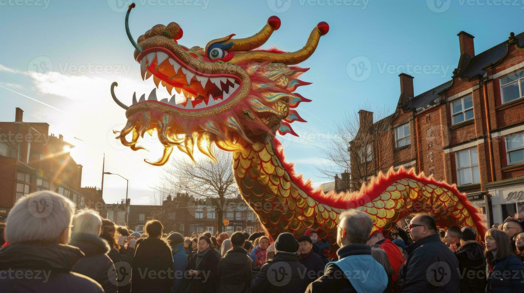 AI generated Chinese Dragon under a bright sky. AI Generated photo
