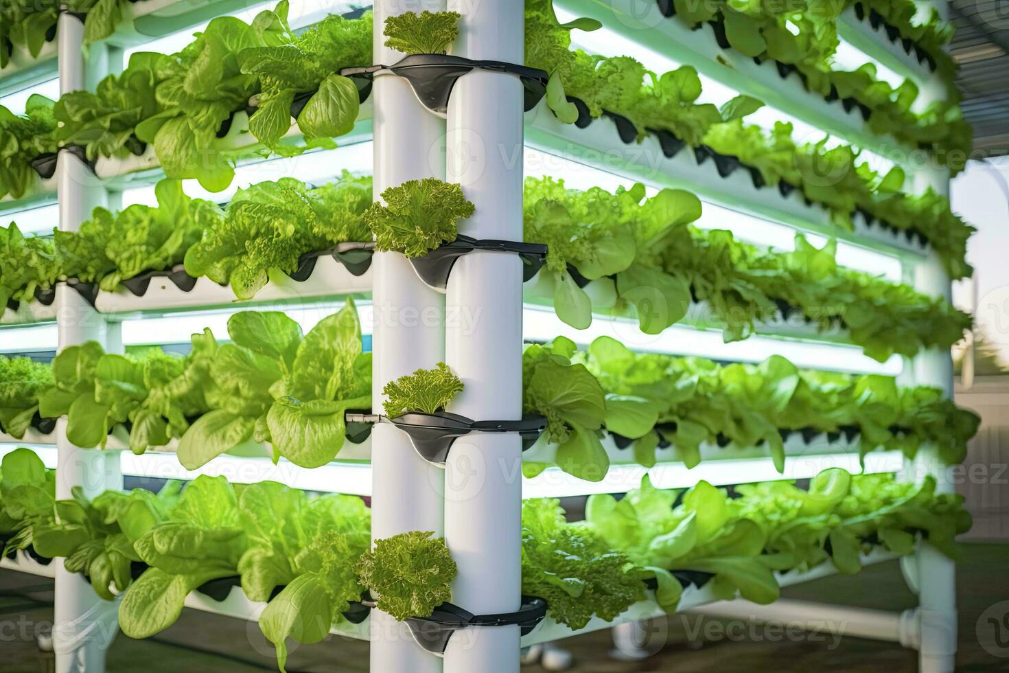 AI generated Vertical Hydroponic Plant System With Cultivated Lettuces. AI Generated photo