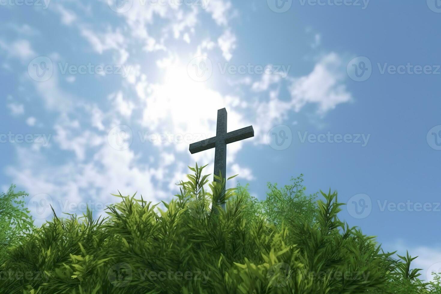 AI generated The cross of God with green Leaf, in the rays of the sun and blue sky. Cross on the hill with green trees and graeen natural view. Religious concept, AI Generative photo