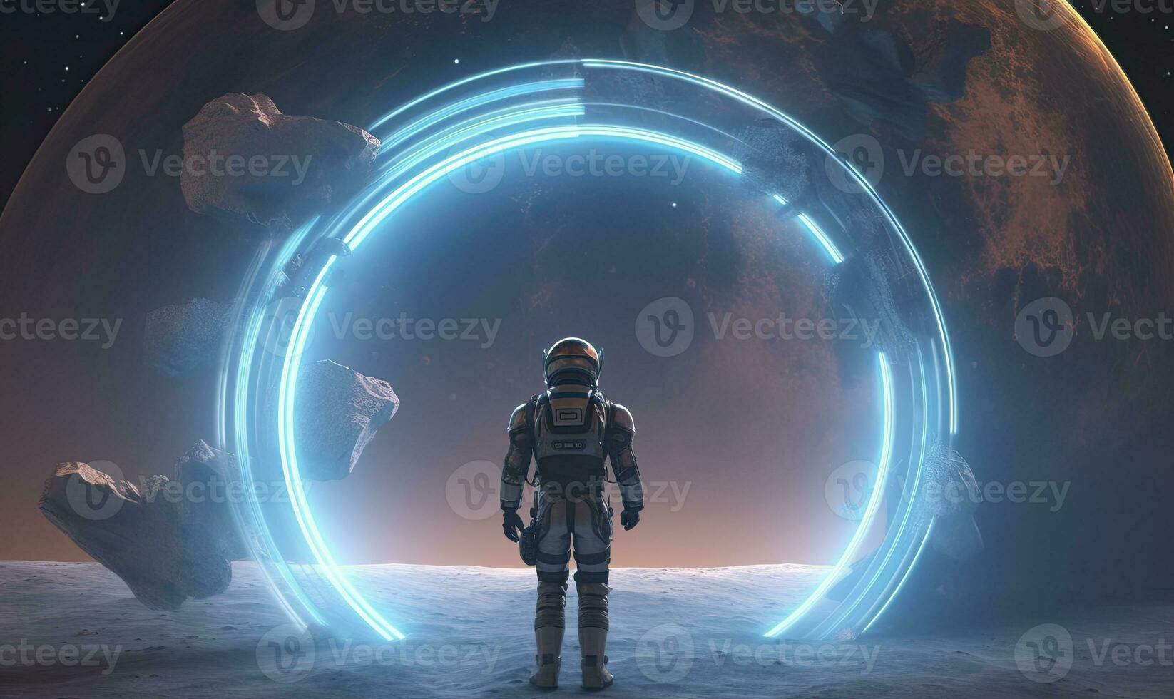 ai generado astronauta en frente de dimensional portal. ai generado. foto