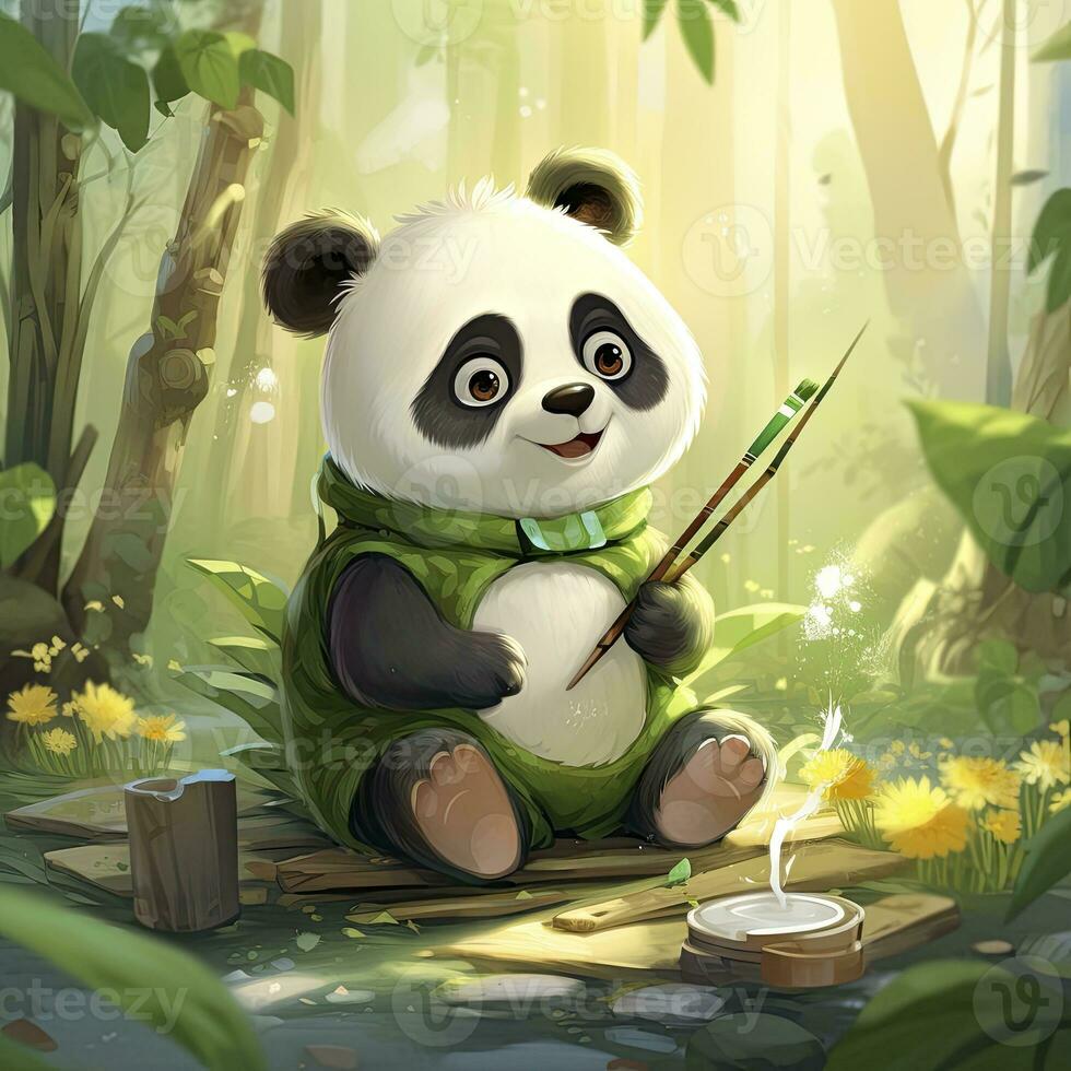 AI generated Cute panda in the middle of a bamboo forest. T-shirt design. AI Generated photo