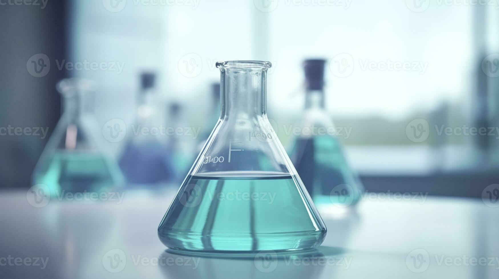 AI generated A Science Beaker in the laboratory on a table white and light blue background.. laboratory equipment out of focus. AI Generative photo