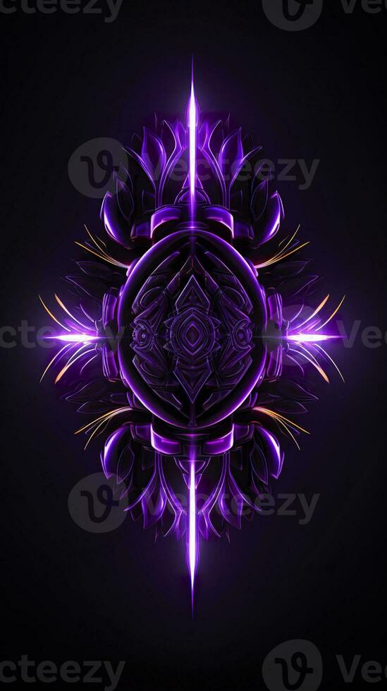 AI generated Amethyst 3D Minimalist Shield Design with a black or dark background with neon lines. AI Generative photo