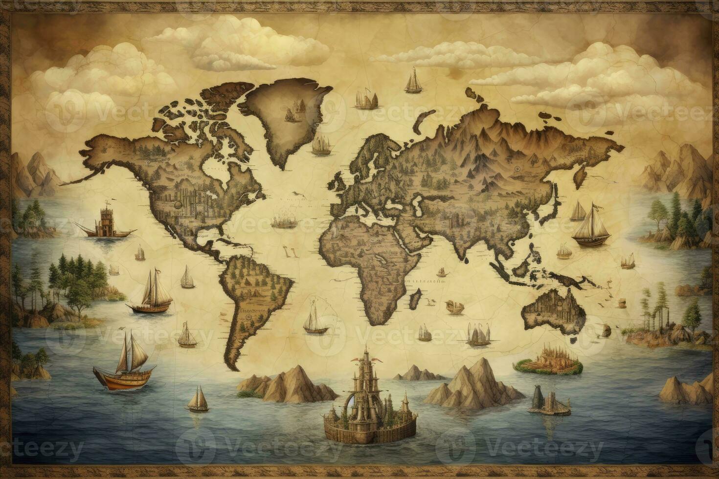 AI generated Great detailed illustration of the world map in vintage style. AI Generated photo