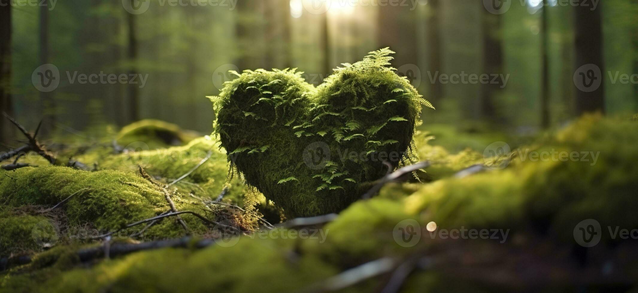 AI generated Closeup of wooden heart on moss. Natural burial grave in the woods. Generative AI photo