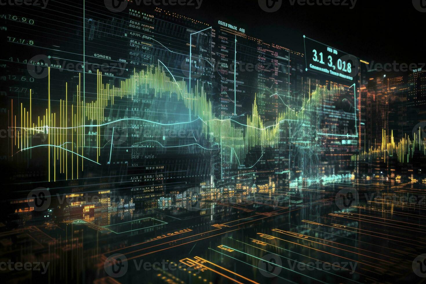 AI generated Digitally Generated Currency and Exchange Stock Chart for Finance and Economy Based Computer Software and Coding Display. AI Generated photo