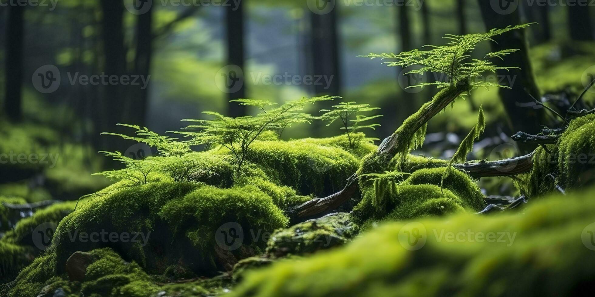 AI generated Green moss closeup, with a backdrop of woodland.  Forest in the national park. AI Generated photo