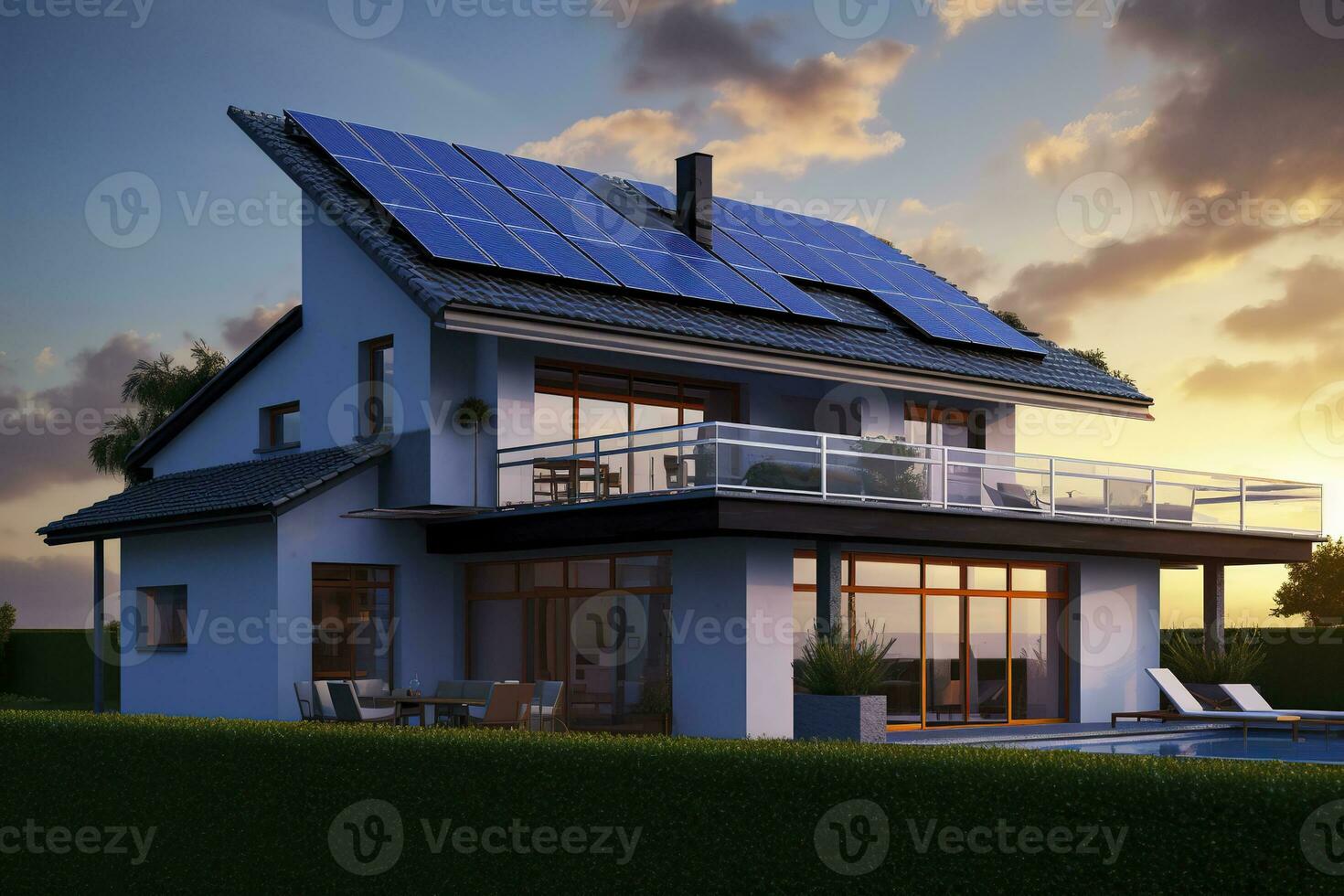 AI generated Modern house with blue solar panels on the roof. End of the day, sunset. AI Generated photo