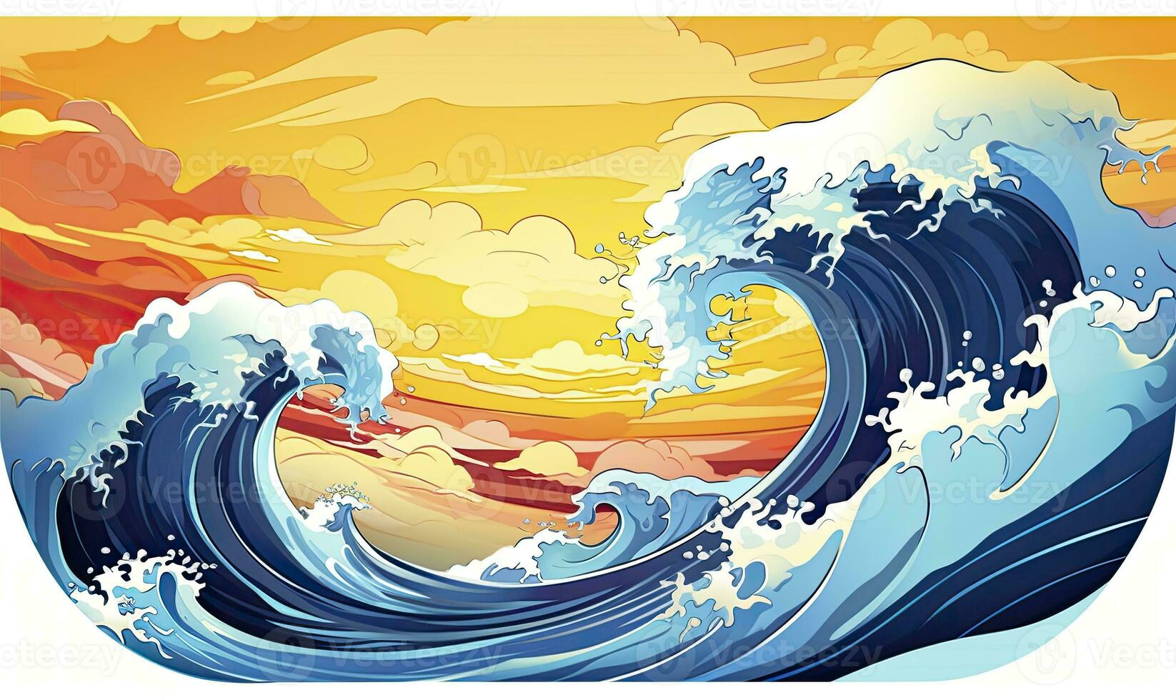 AI generated Ocean wave sun clouds, blue yellow abstract ocean wave. AI Generated. photo
