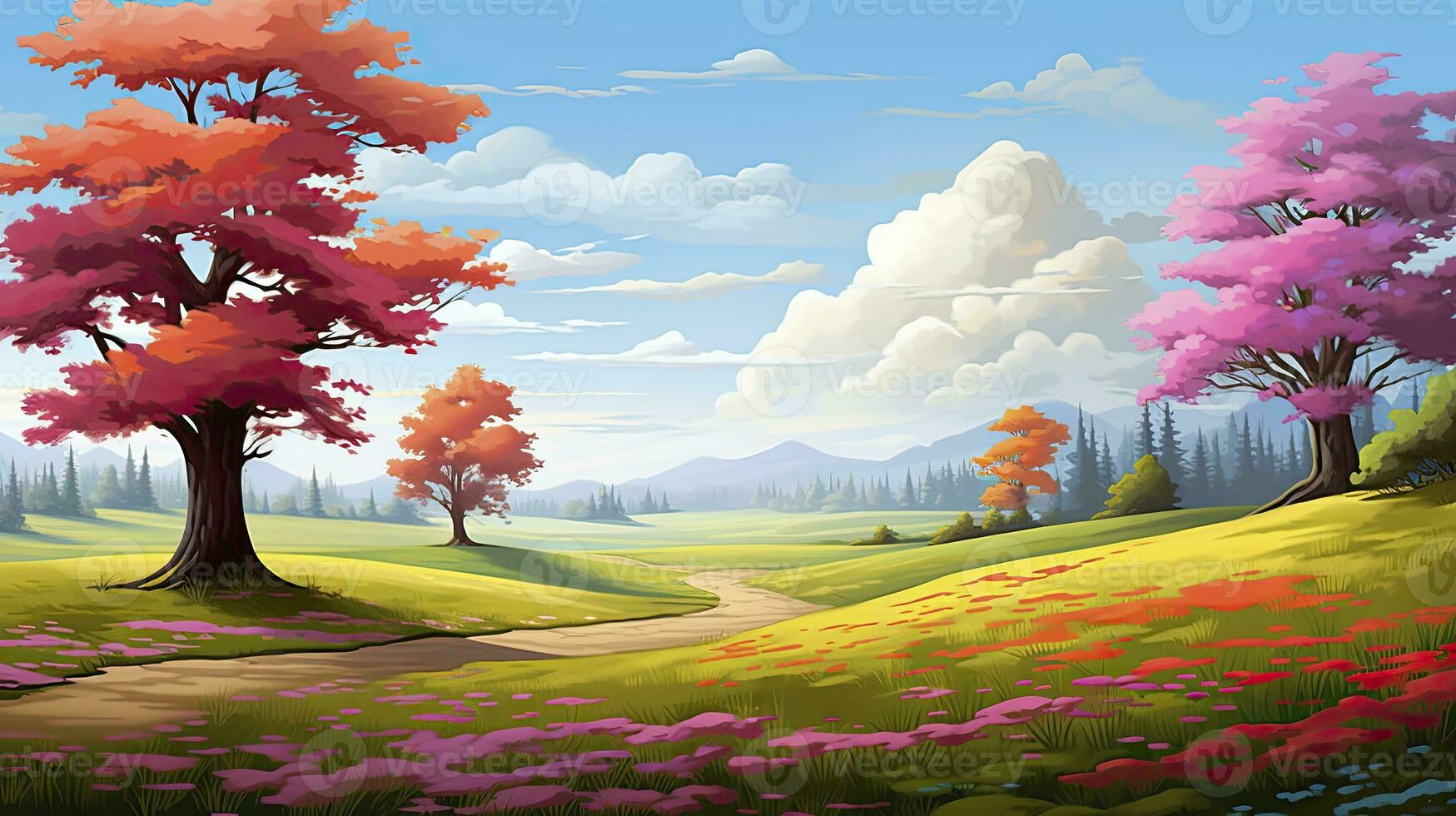 AI generated Spring season with colorful flowers and trees in a pretty meadow or field. AI Generated. photo