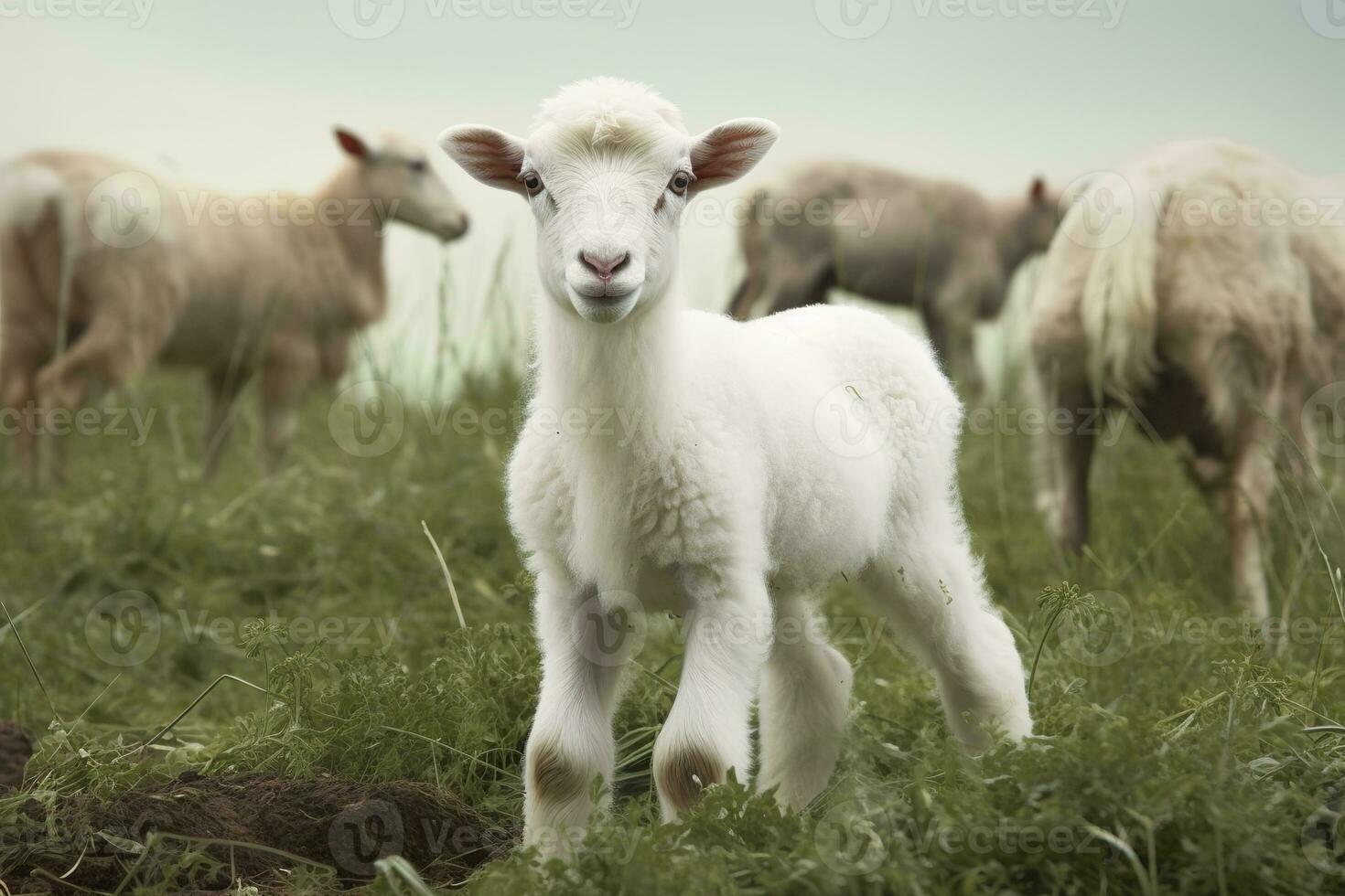 AI generated White lamb in a field in front of other animals. Generative AI photo