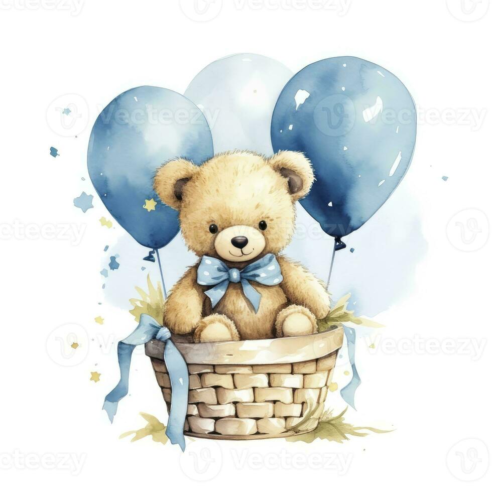 AI generated A watercolor baby teddy bear is sitting in the basket with blue and gold balloons. AI Generated photo