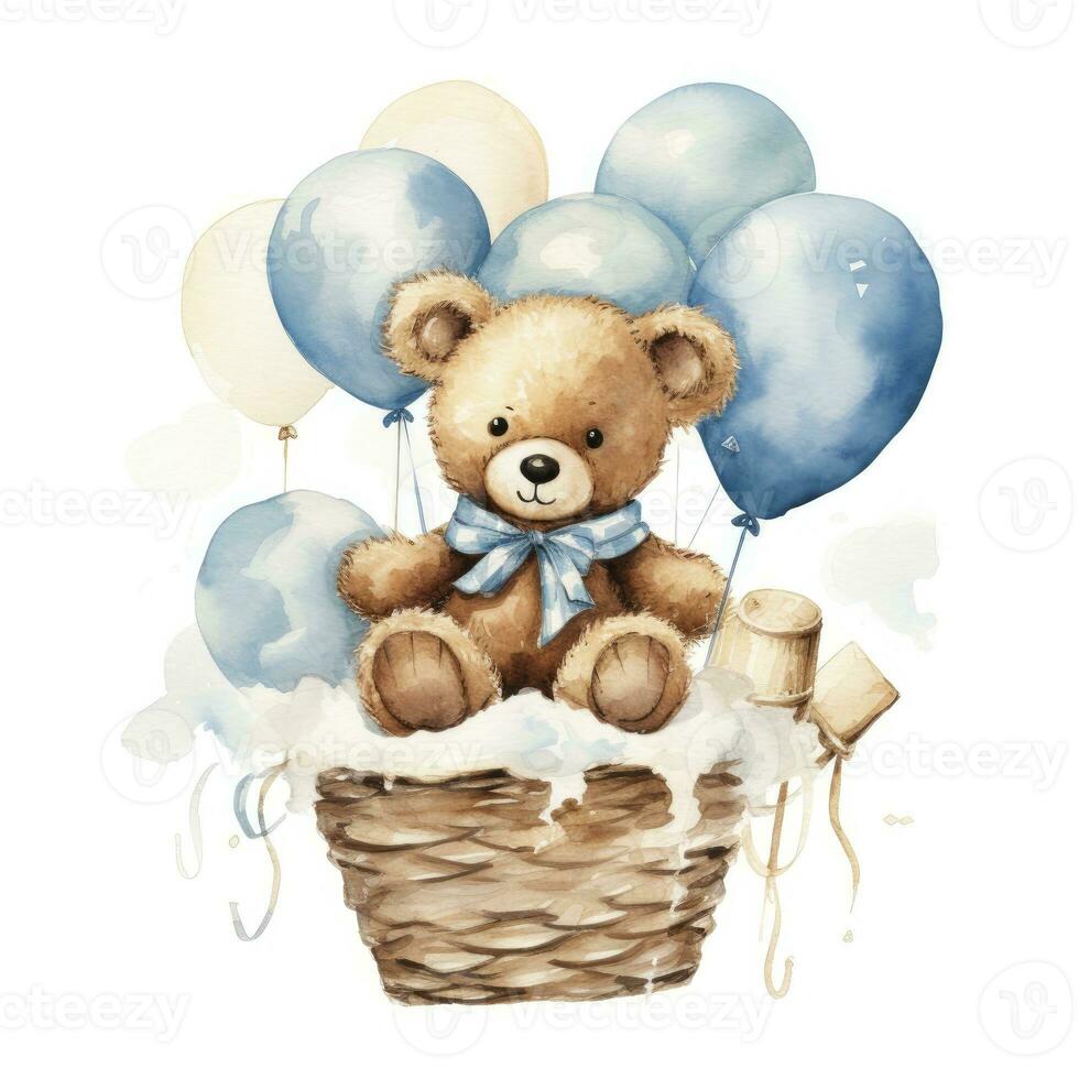 AI generated A watercolor baby teddy bear is sitting in the basket with blue and gold balloons. AI Generated photo