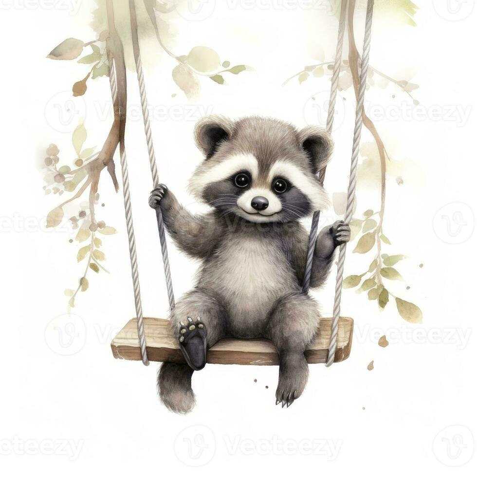 AI generated Cute baby raccoon in watercolour style, sitting on swings attached to the tree. AI Generated photo